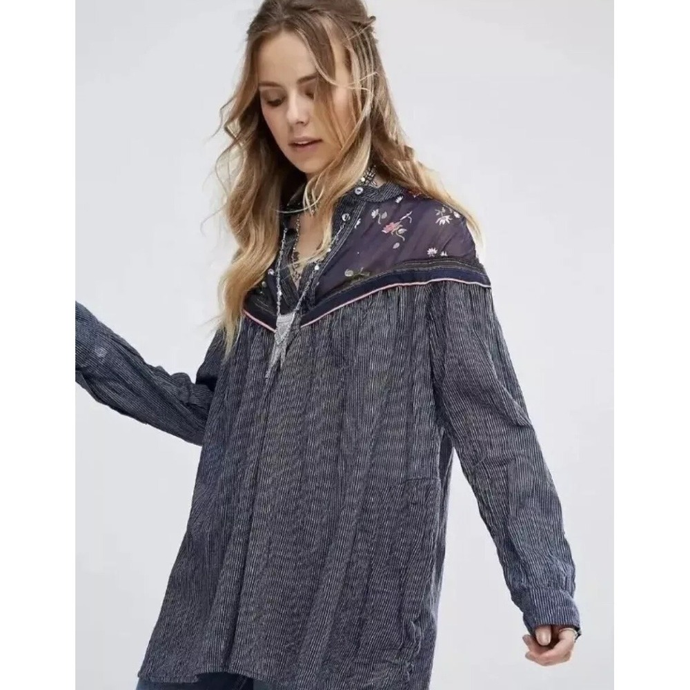 Free People Hearts and Colors Blue Striped Oversized Tunic Size XS